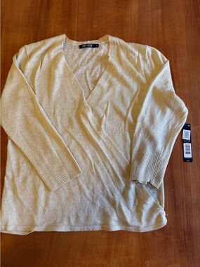Nic+Zoe Metallic Cream V-Neck Women's Sweater NWT